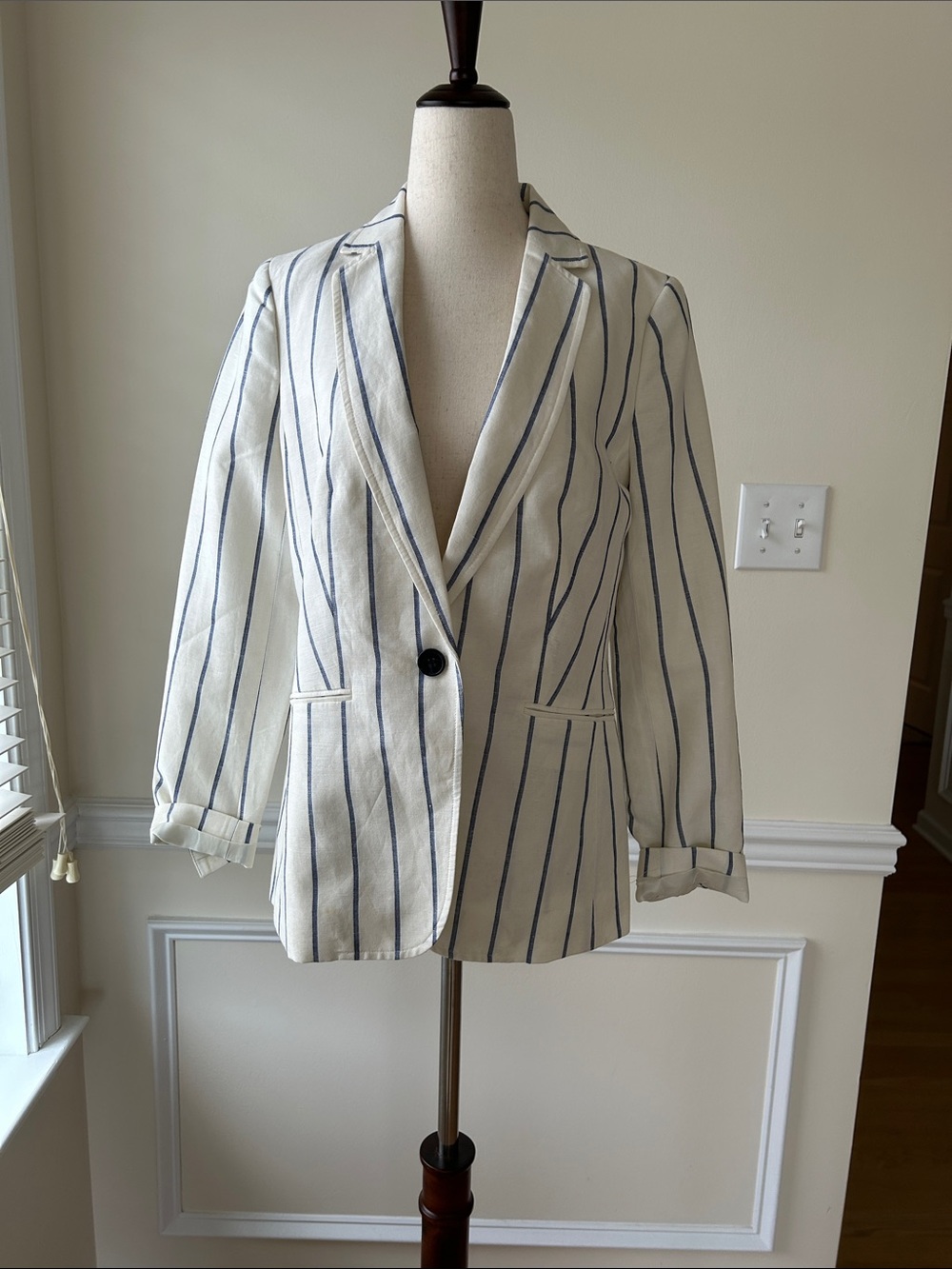 Striped Cream and Blue Single-Button Blazer